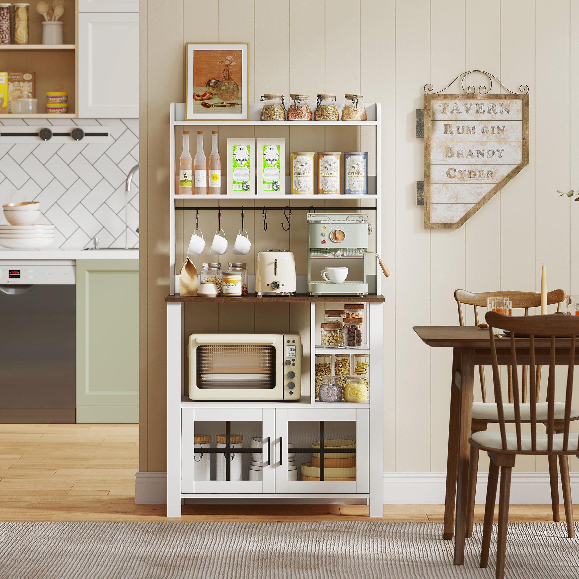 Alacena de Cocina Alta, Mueble Auxiliar de Cocina, con 6 Ganchos para Tazas, 2 Puertas de Vidrio, Estantes Abiertos, Blanco, 80x40x152 cm