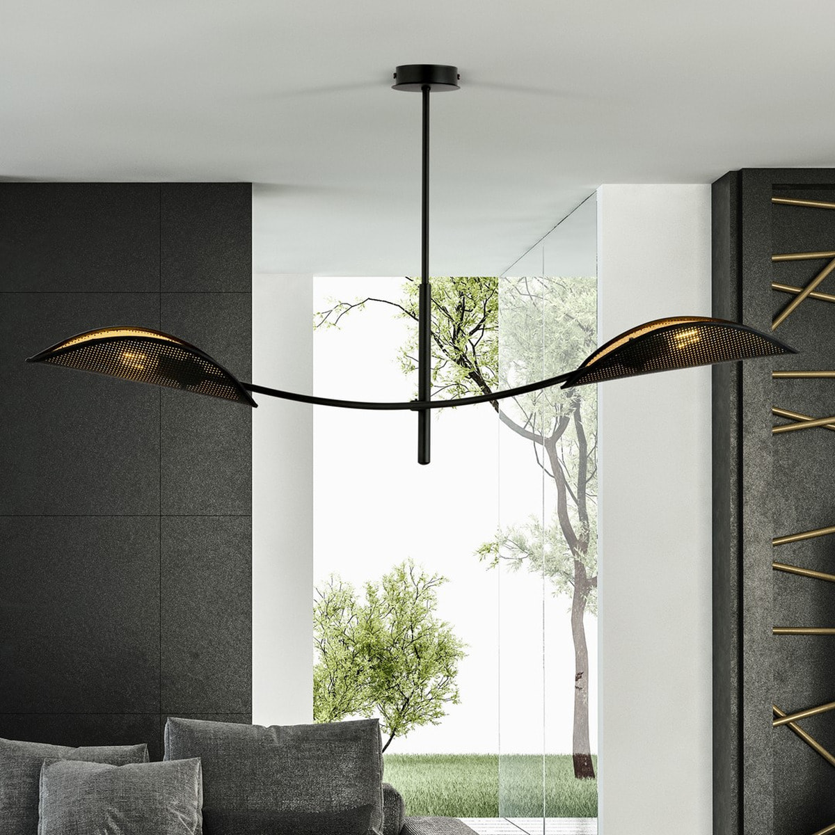 Lampada a sospensione Lotus in acciaio nero e oro