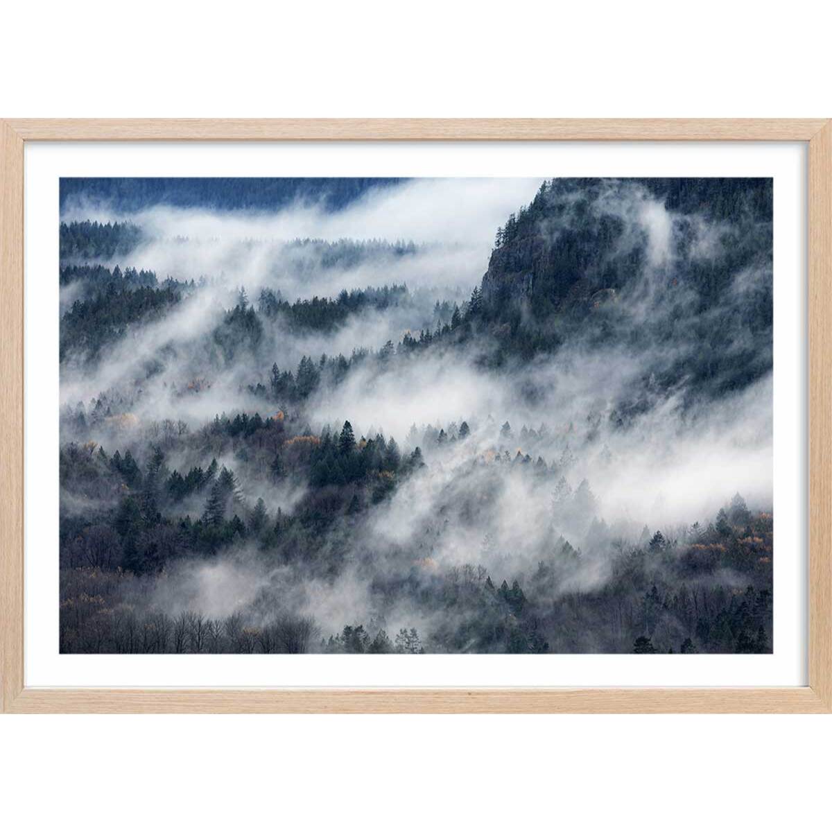 Poster vallée dans le brouillard Affiche + cadre en bois - Chêne