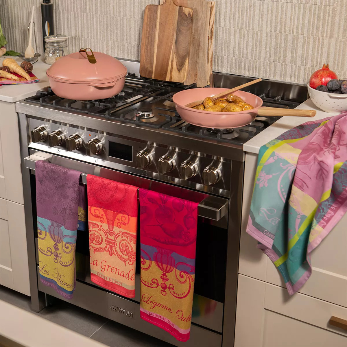 Torchon pur coton motif jacquard rose Legumes oublies fuchsia