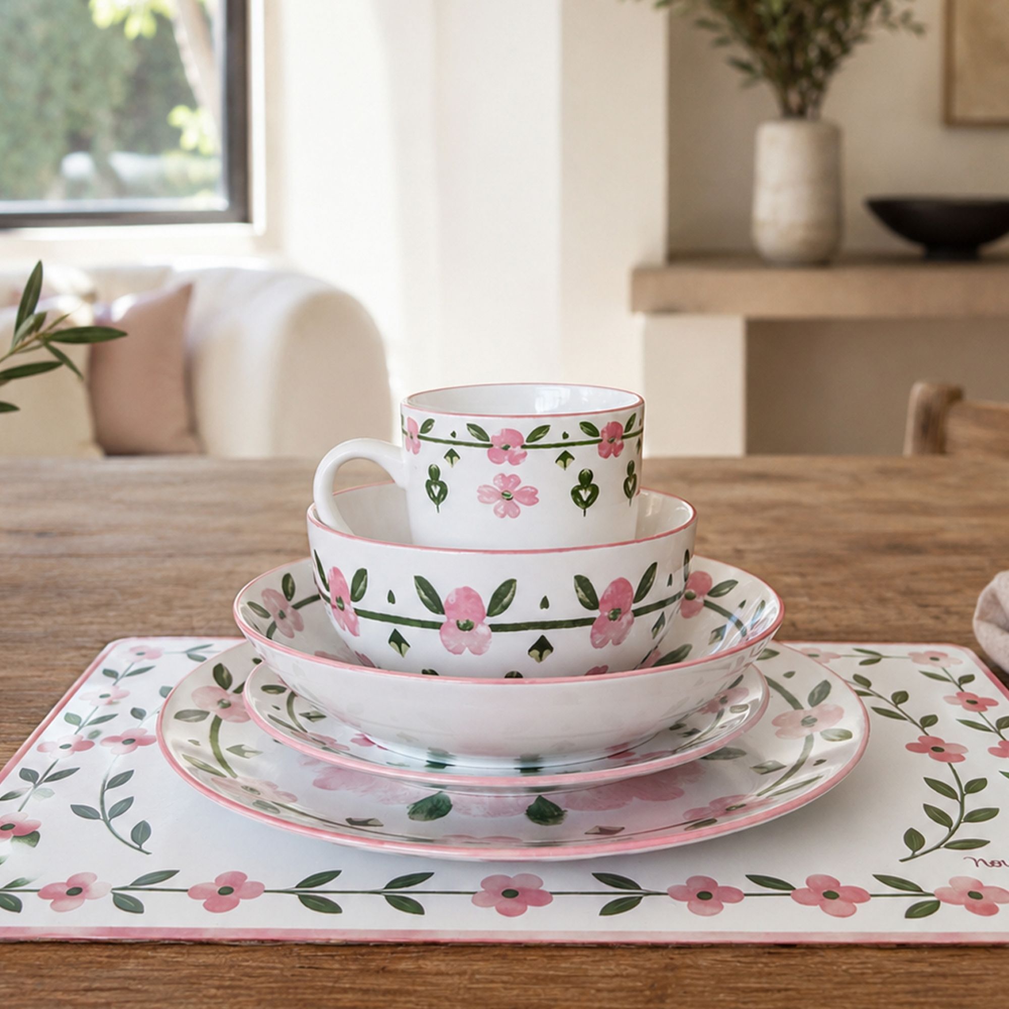 Lot de 6 mugs 36cl en porcelaine blanc et rose floral PRIMAVERA