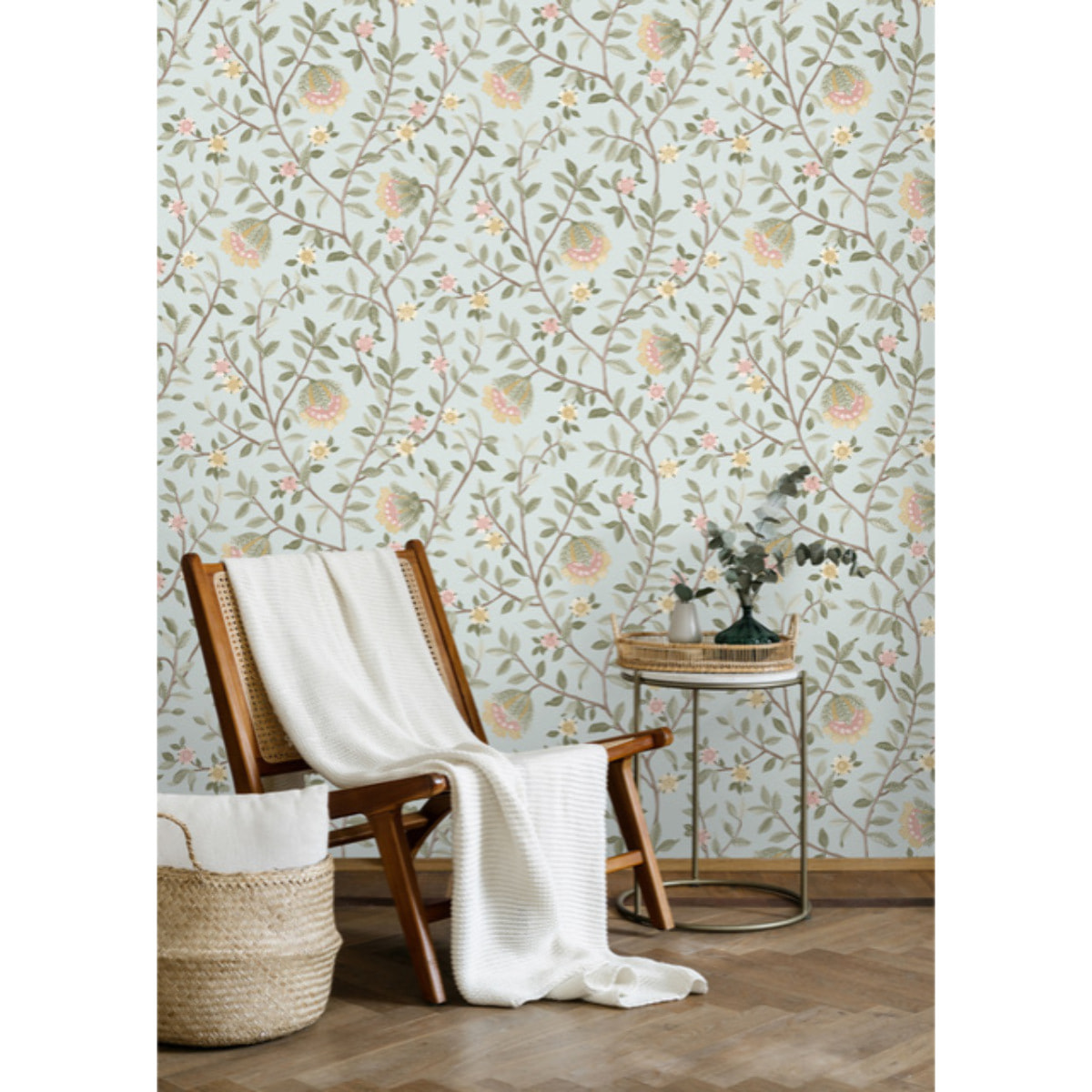 Papier peint fleuri botanique fond bleu glacier