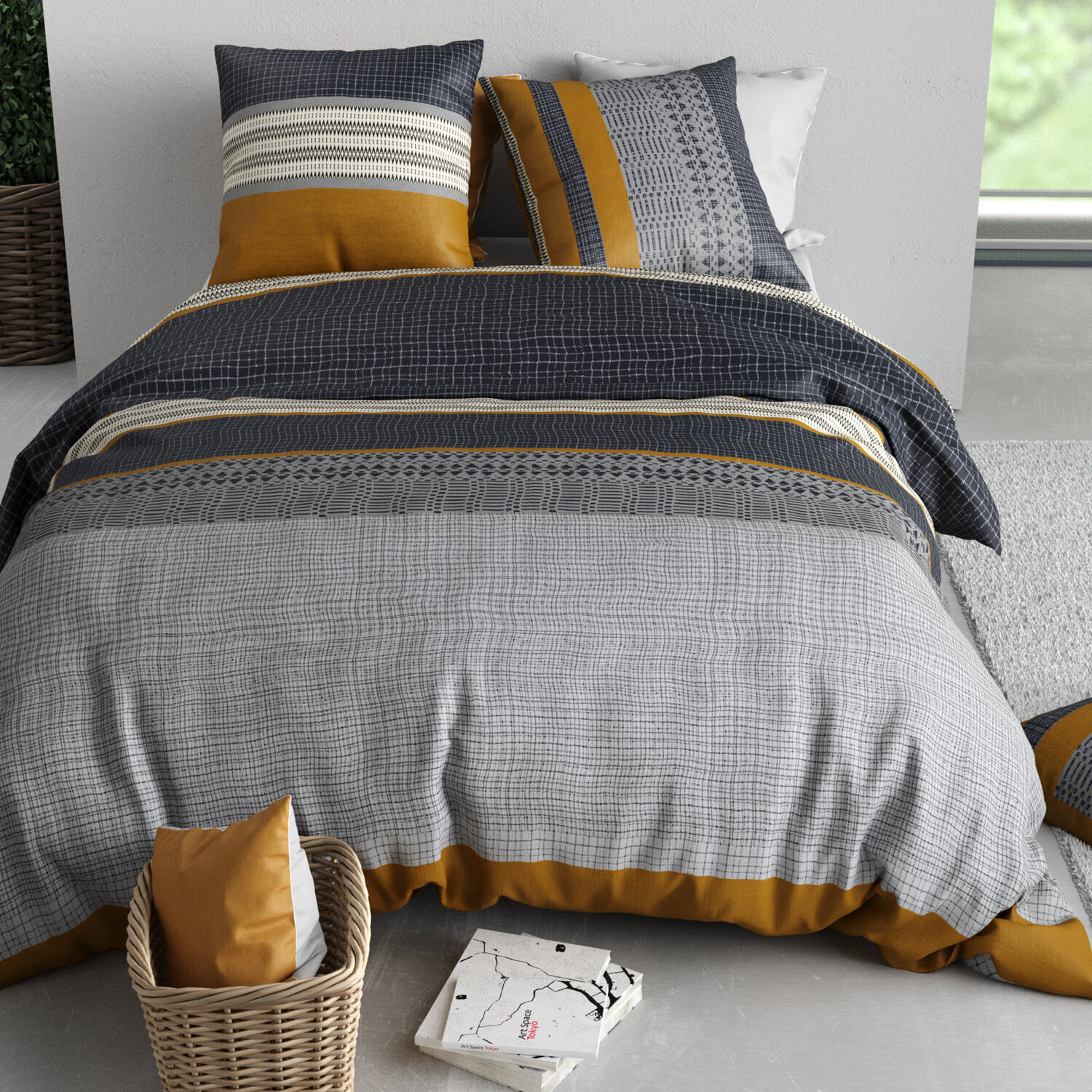 Parure housse de couette coton gris