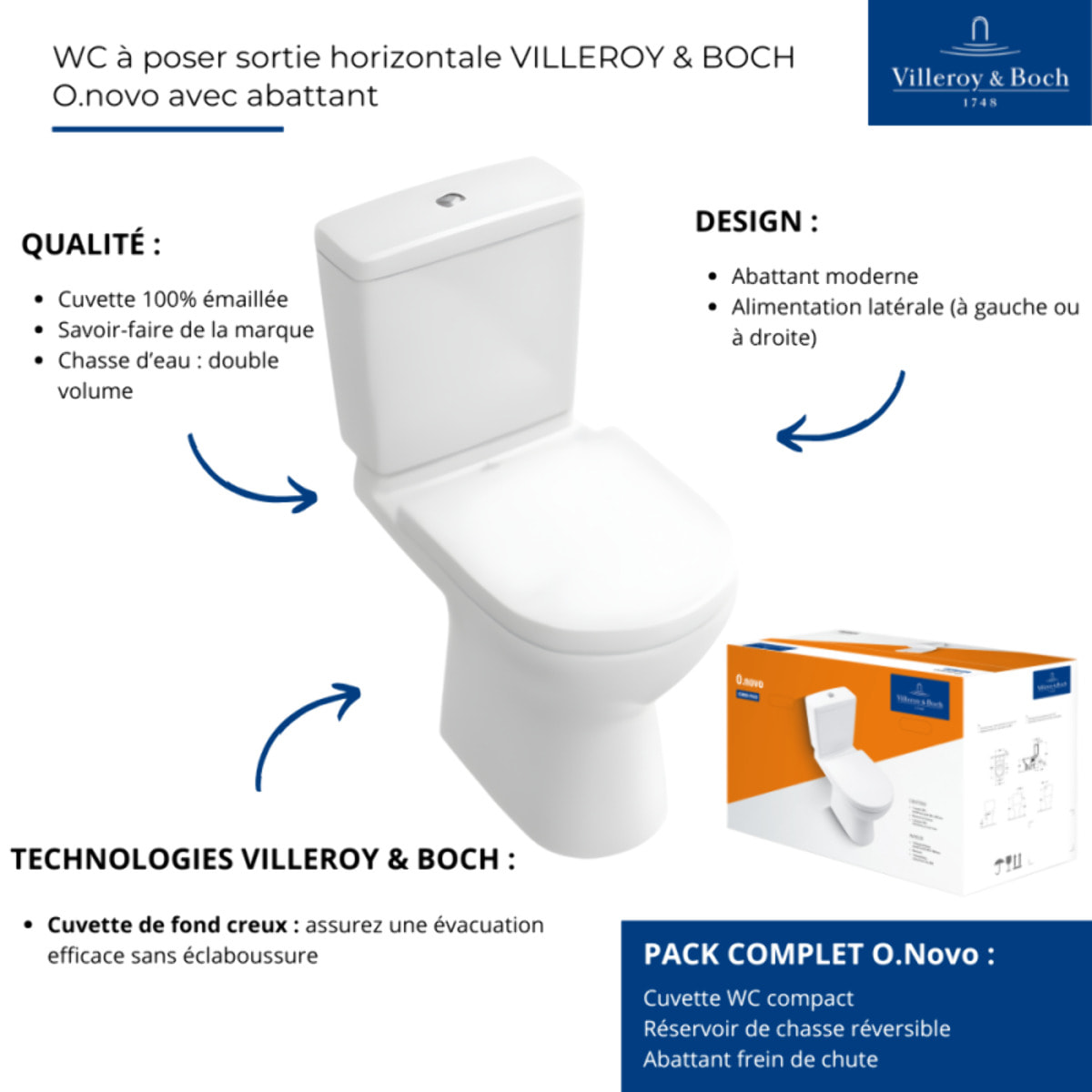 WC à poser sortie horizontale VILLEROY & BOCH O.novo avec abattant