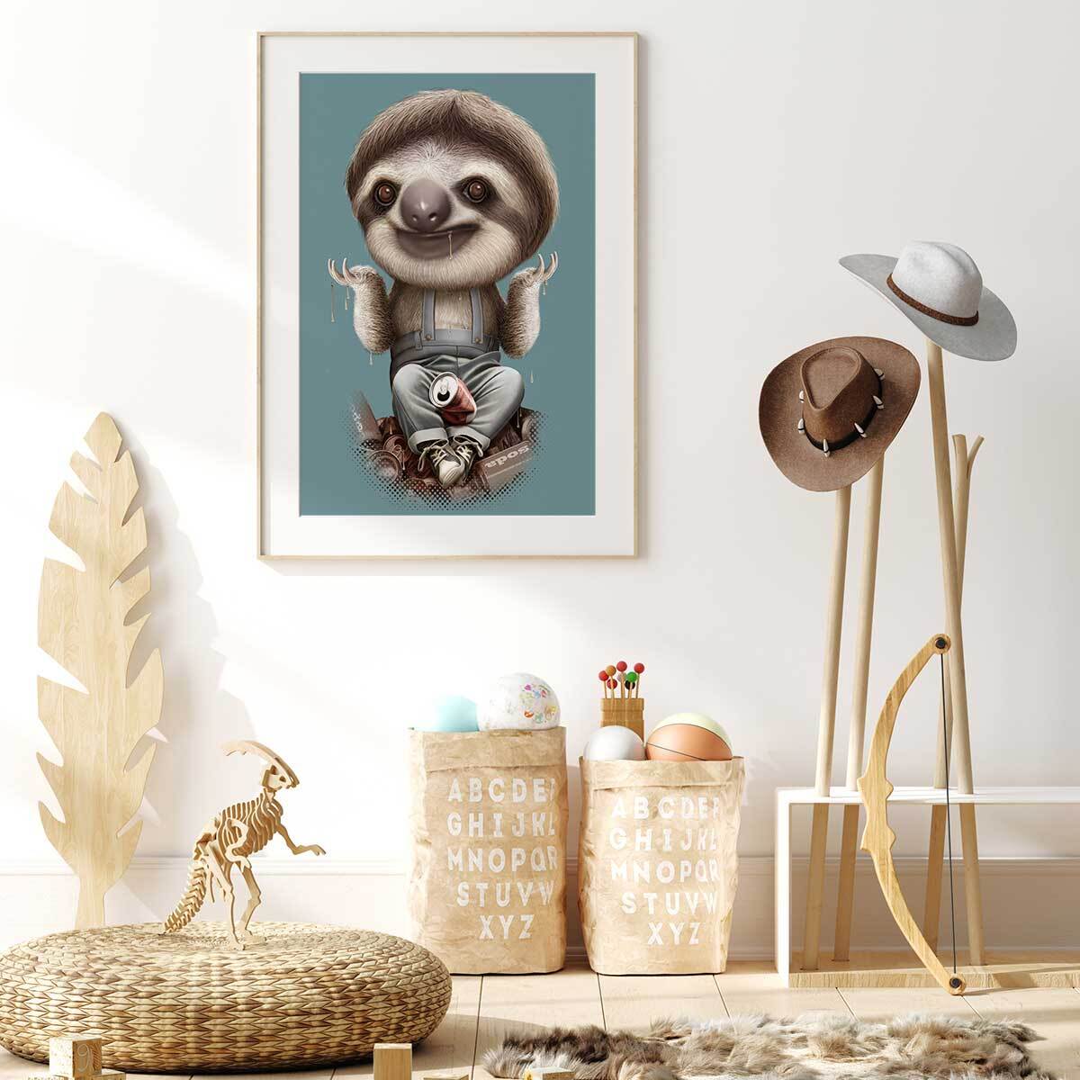 Affiche enfant les paresseux s'en fichent  Affiche + cadre en bois - Chêne