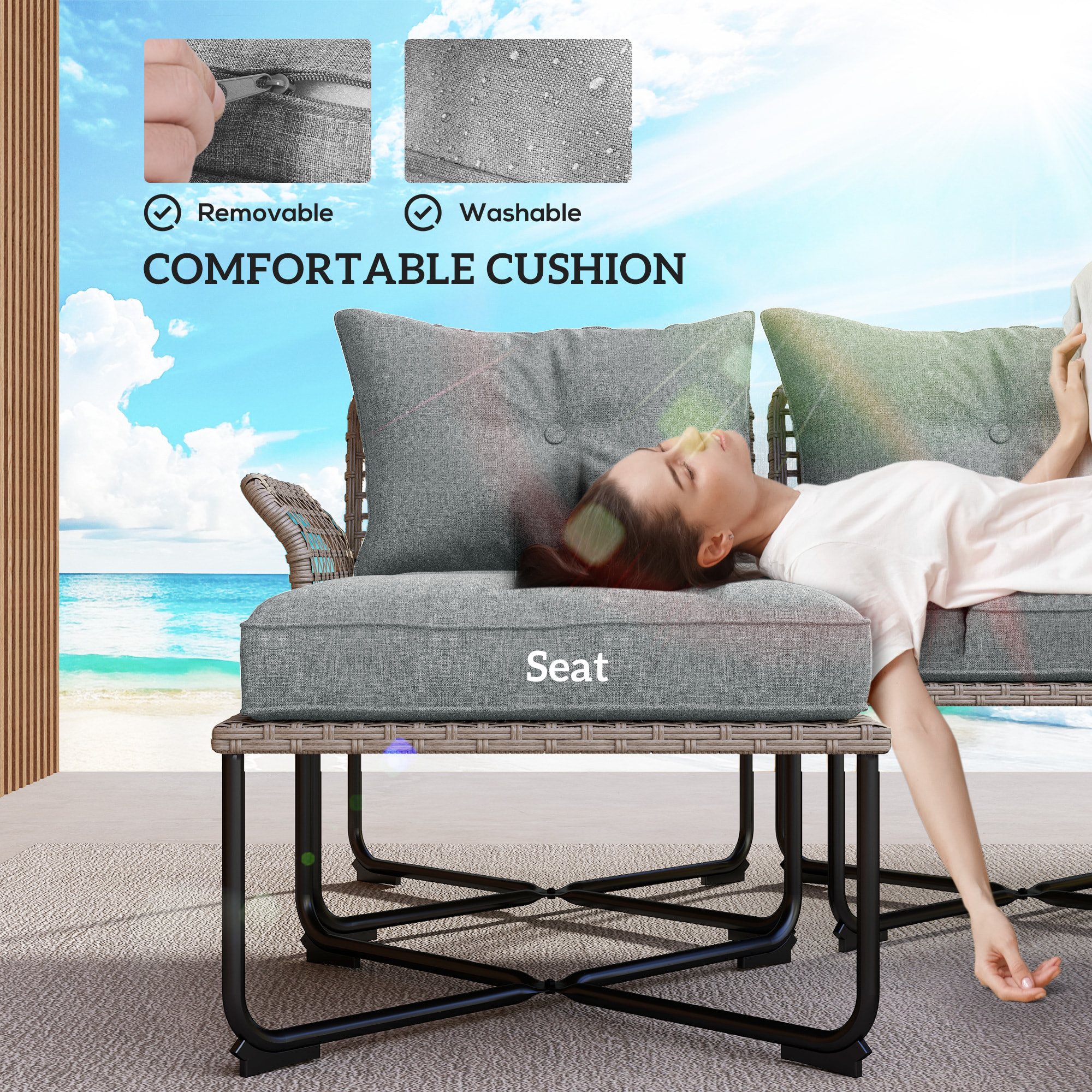 Conjunto de Jardín Exterior de Ratá¡n Sintá©tico de 5 Piezas Muebles de Jardín Exterior Incluye 2 Sofá¡s Esquineras 1 Sofá¡ de Exterior 1 Taburete 1 Mesa de Centro con Cojines Gris