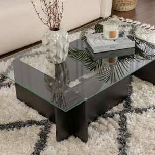 Table basse verre déstructurée – base effet bois noir SALTA