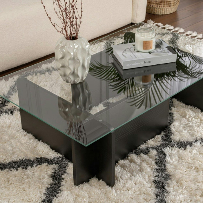 Table basse verre déstructurée – base effet bois noir SALTA