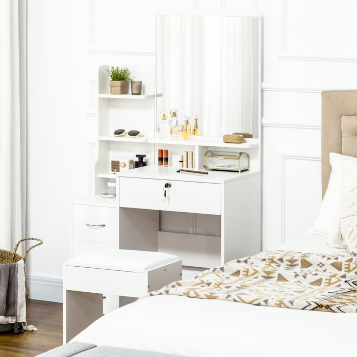 Ensemble coiffeuse tabouret design contemporain multi-rangement 4 tiroirs 4 étagères grand miroir blanc
