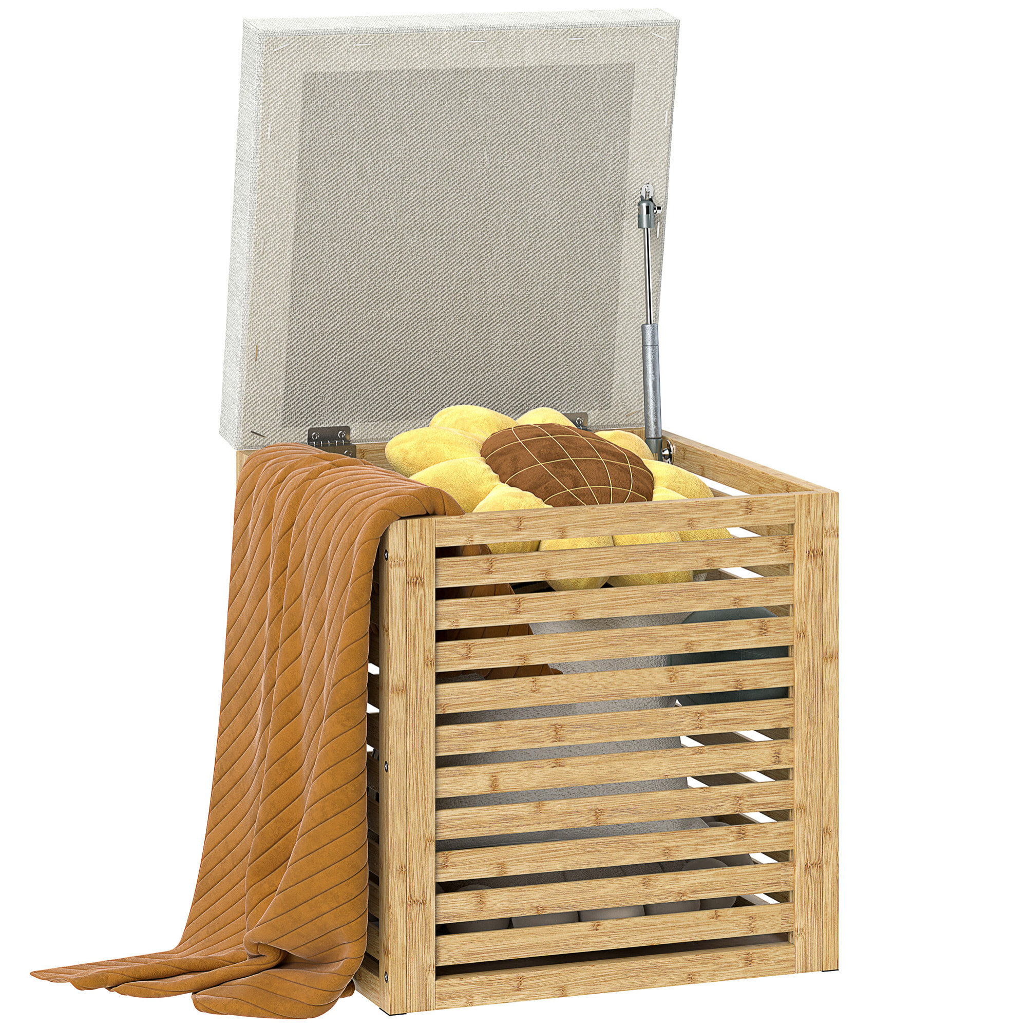 Baúl de Almacenaje para Dormitorio 54,7L Taburete de Almacenaje Tapizado en Lino Sintético con Cojín Marco de Bambú para Entrada Salón 40x40x47 cm Gris y Natural