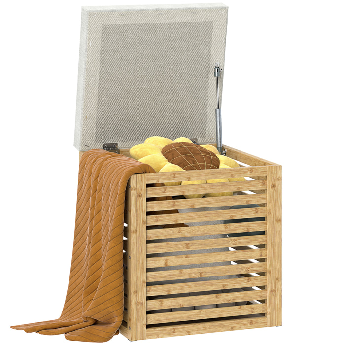Baúl de Almacenaje para Dormitorio 54,7L Taburete de Almacenaje Tapizado en Lino Sintético con Cojín Marco de Bambú para Entrada Salón 40x40x47 cm Gris y Natural