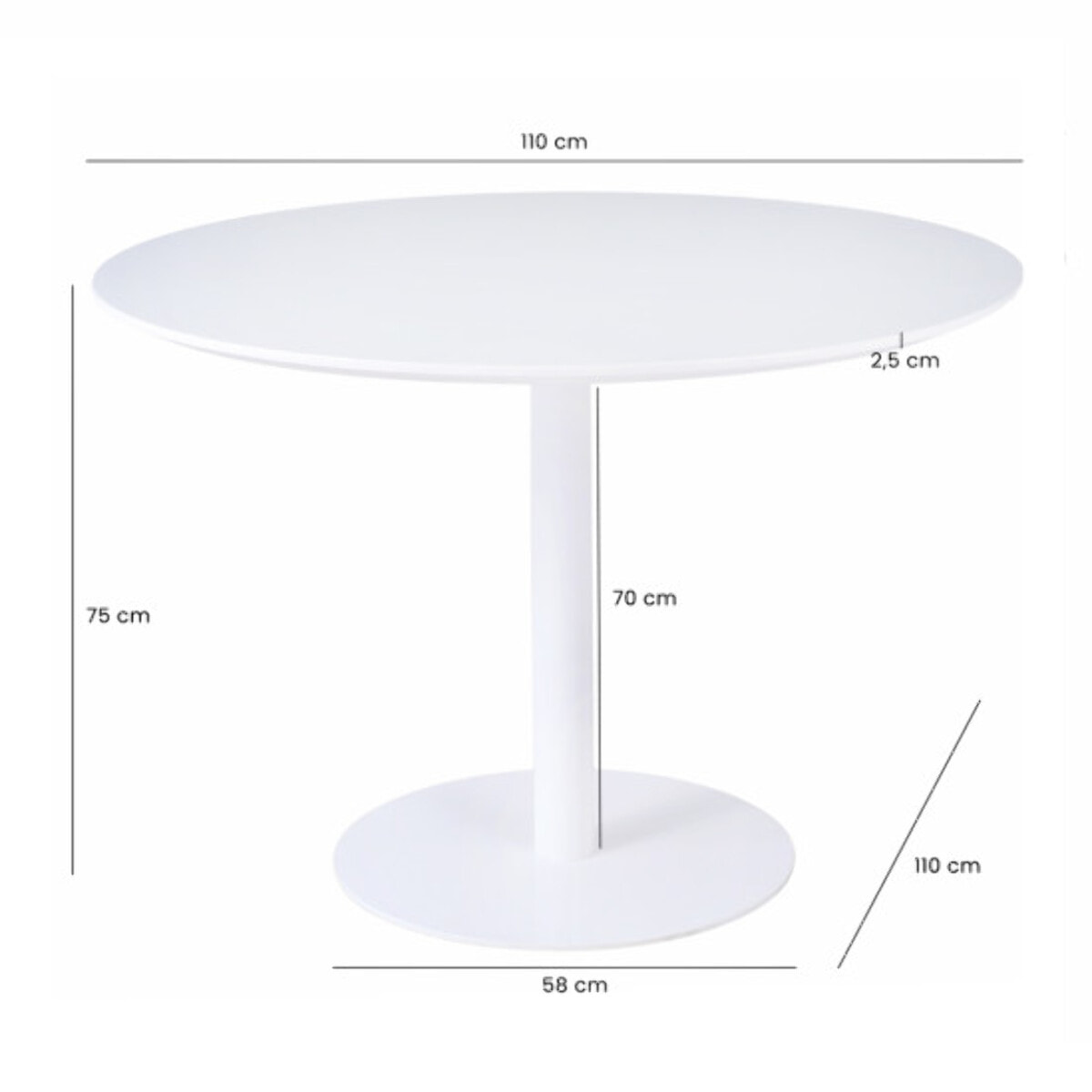 Table de repas ronde 110 cm plateau blanc mat pied métal blanc - FABIO