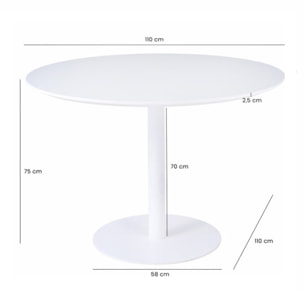 Table de repas ronde 110 cm plateau blanc mat pied métal blanc - FABIO