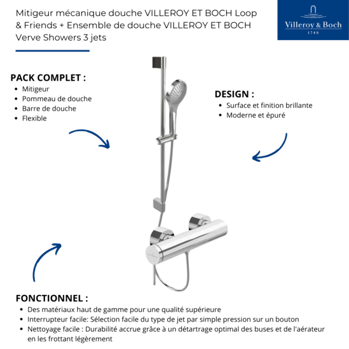 Mitigeur mécanique douche VILLEROY ET BOCH Loop & Friends + Ensemble de douche VILLEROY ET BOCH Verve Showers 3 jets