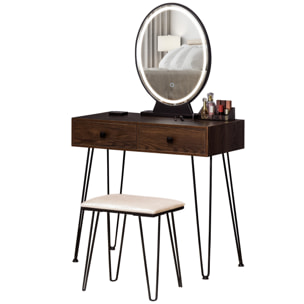 Coiffeuse design - miroir LED intégré - 2 tiroirs + 1 organisateur - tabouret inclus - métal noir MDF imitation bois noyer foncé