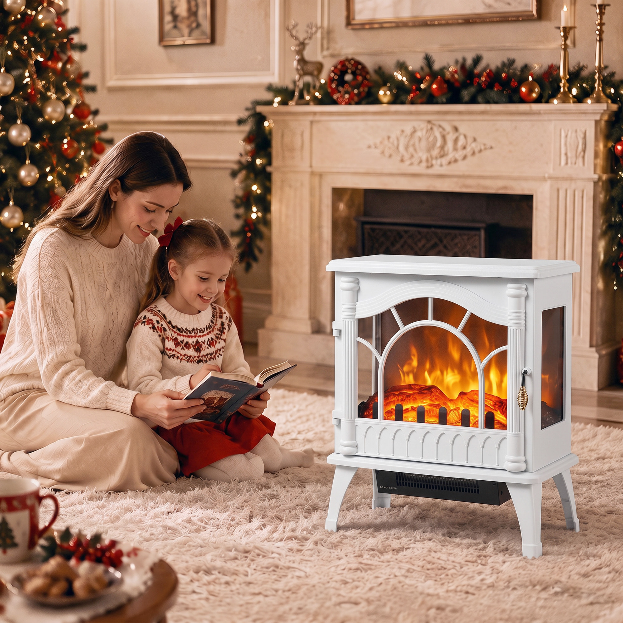 Chimenea Eléctrica 1000W/2000W Chimenea Decorativa de Pie con Temperatura Ajustable Bajo Consumo Protección contra Sobrecalentamiento Efecto de Llama 3D para Sala 15-30 m² Blanco