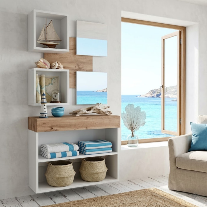 Mobile Ingresso Moderno Con Specchi E Vani A Giorno Consolle Sospesa Design Elegante Salvaspazio Per Corridoio 100 x 170 x 30 Cm Bianco E Rovere