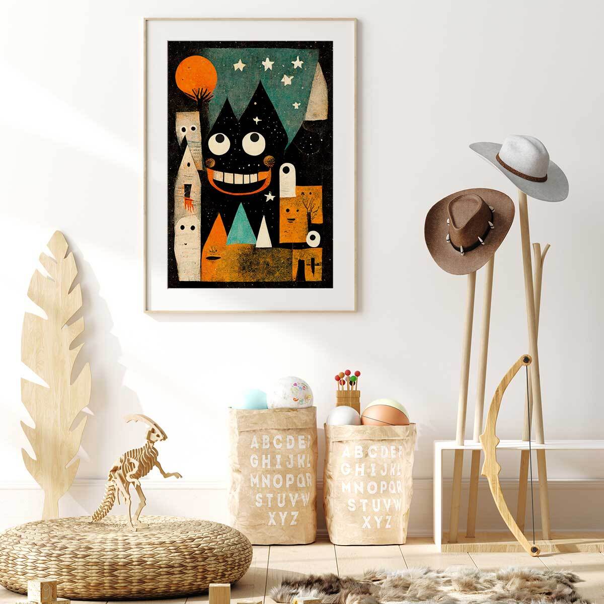 Affiche enfant ville des monstres  Affiche + cadre en bois - Chêne