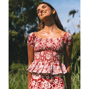 Blusa de mujer crop con tirantes caídos y cuerpo nido de abeja