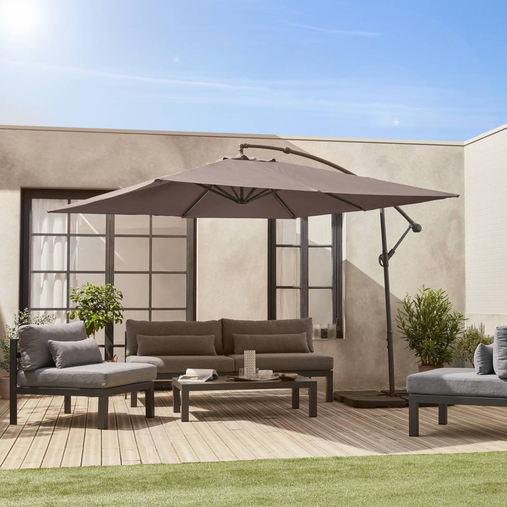 Parasol déporté carré 3x3m - Hardelot 3x3m - Taupe - Manivelle anti-retour | Toile déperlante | Facile à utiliser