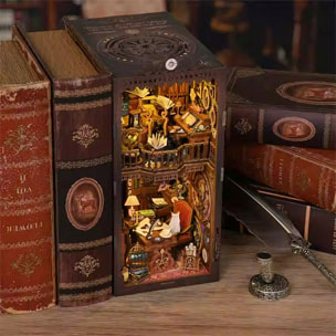 Biblioteca de las Maravillas. Book Nook de madera, diseño 3D realista con gran detalle, cubierta y luces led.