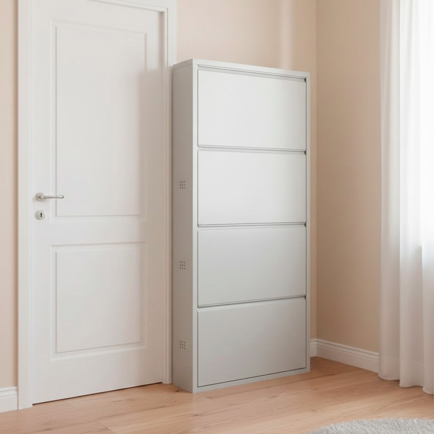 Scarpiera Slim In Metallo 4 Ante A Ribalta Ultra Sottile Salvaspazio Mobile Portascarpe Moderno Ingresso Camera Corridoio 138 x 50 x 15 Cm Grigio