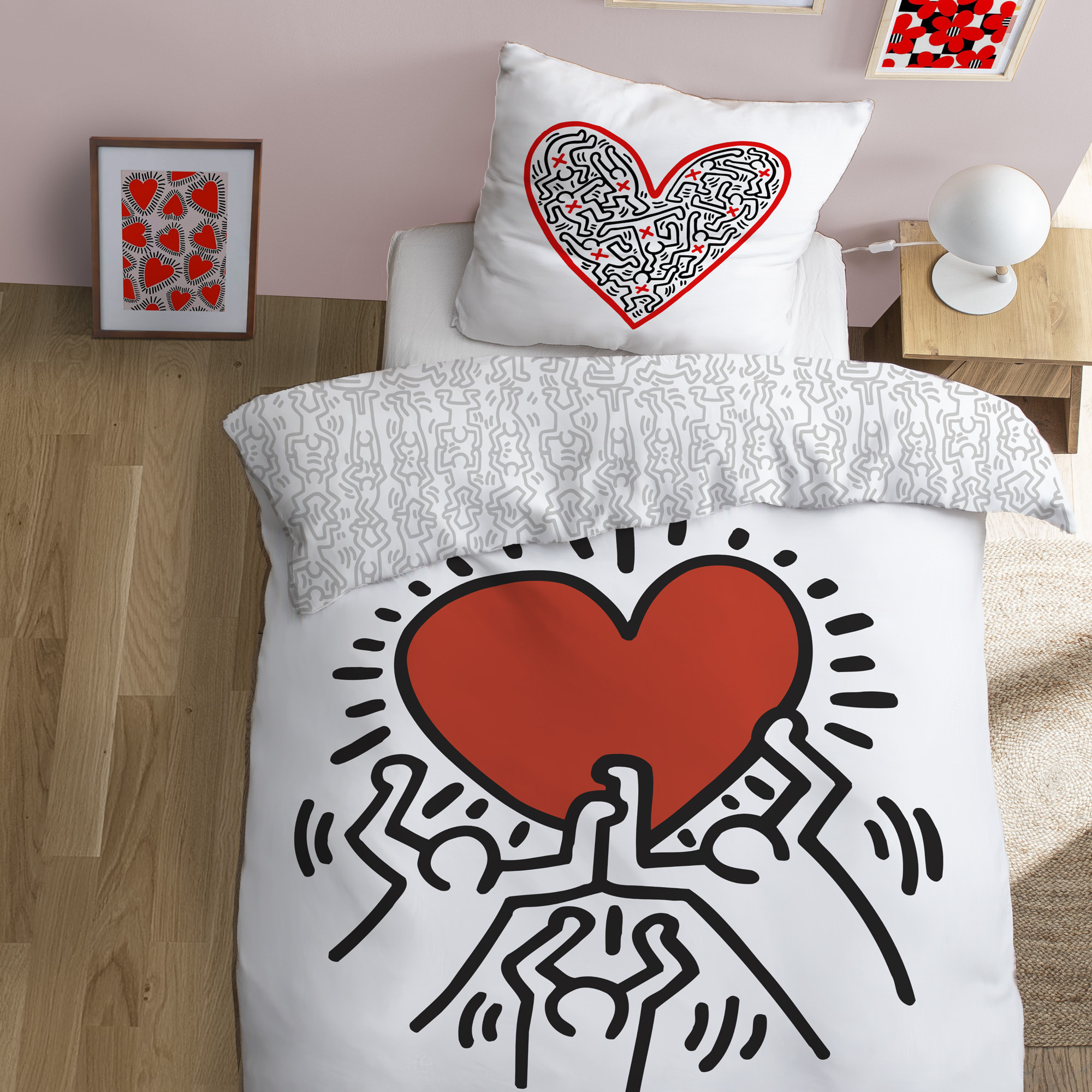 Parure de lit imprimée 100% coton, KEITH HARING RED LOVE