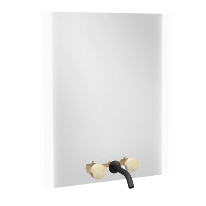 Miroir 3 trous 60 cm + mélangeur lavabo encastré 3 trous Grands Boulevards marbré travertin sable et noir