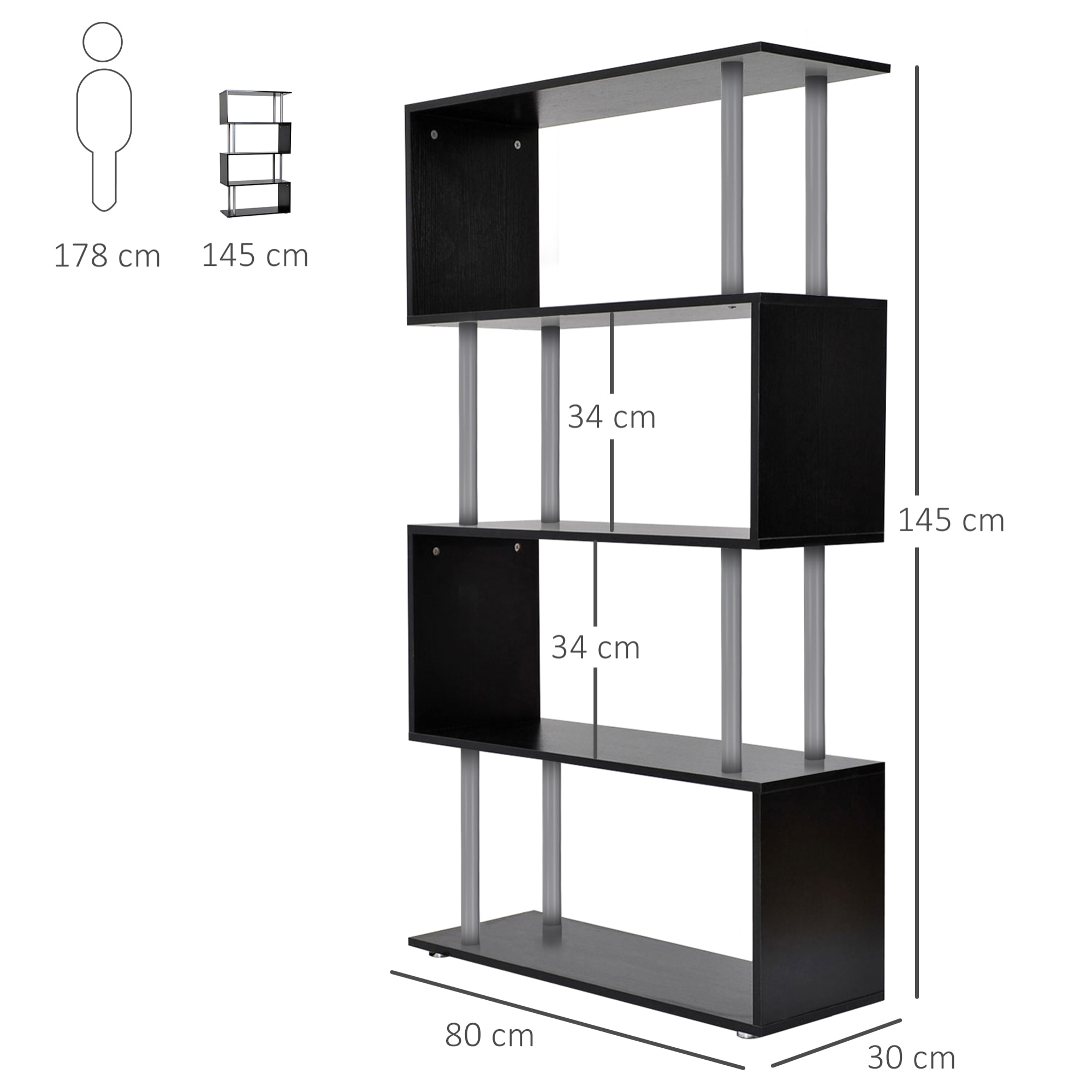 Bibliothèque étagère design contemporain en S 4 niveaux 80L x 30l x 145H cm coloris noir