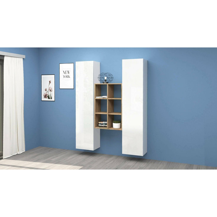 Credenza Franco, Set da soggiorno a 2 ante e ripiani, Buffet da soggiorno, Madia da cucina, 100% Made in Italy, cm 140x30h180, Bianco lucido e Acero