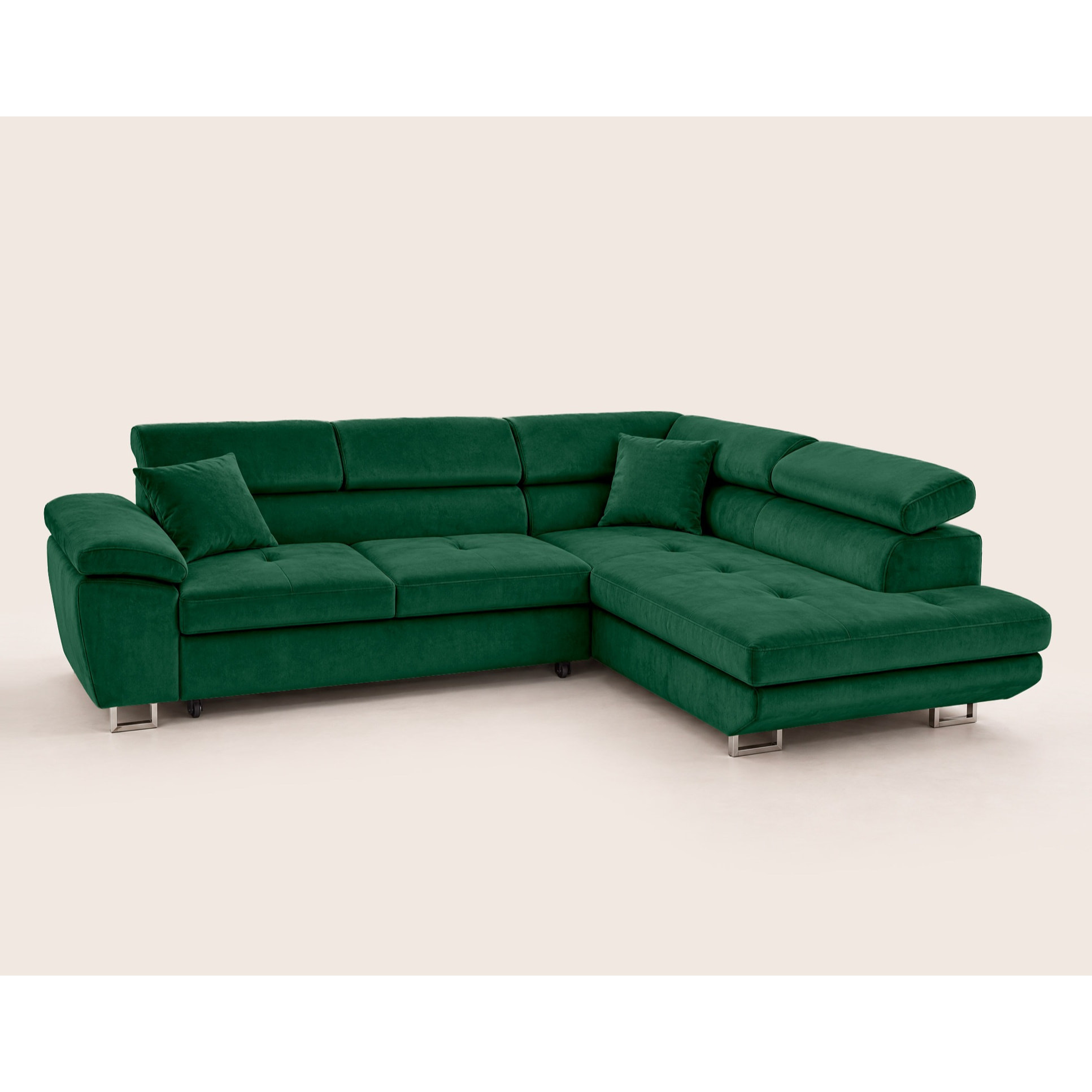 Dimas - canapé d'angle droit 5 places - convertible avec coffre et têtières réglables - en velours - Vert
