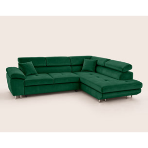 Dimas - canapé d'angle droit 5 places - convertible avec coffre et têtières réglables - en velours - Vert