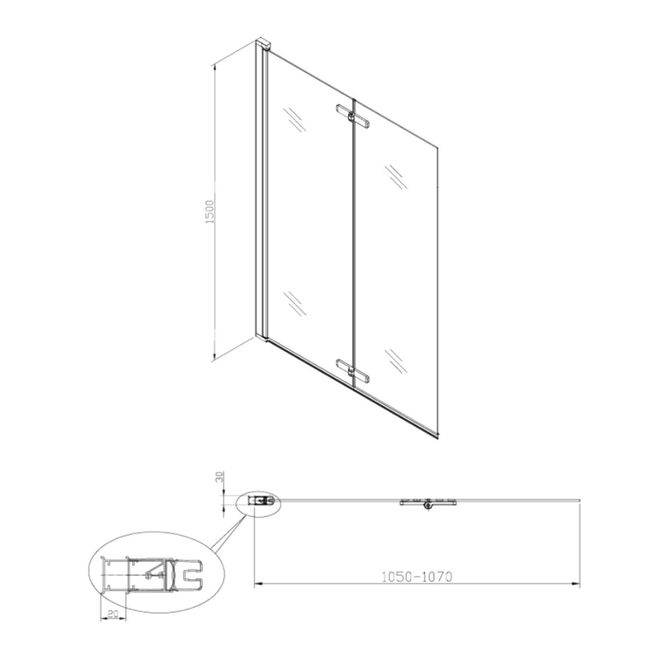 150x105 cm SK Pare-baignoire en verre 2 volets pliants, orientation gauche et droite, noir (SATVZSKNEW105C)