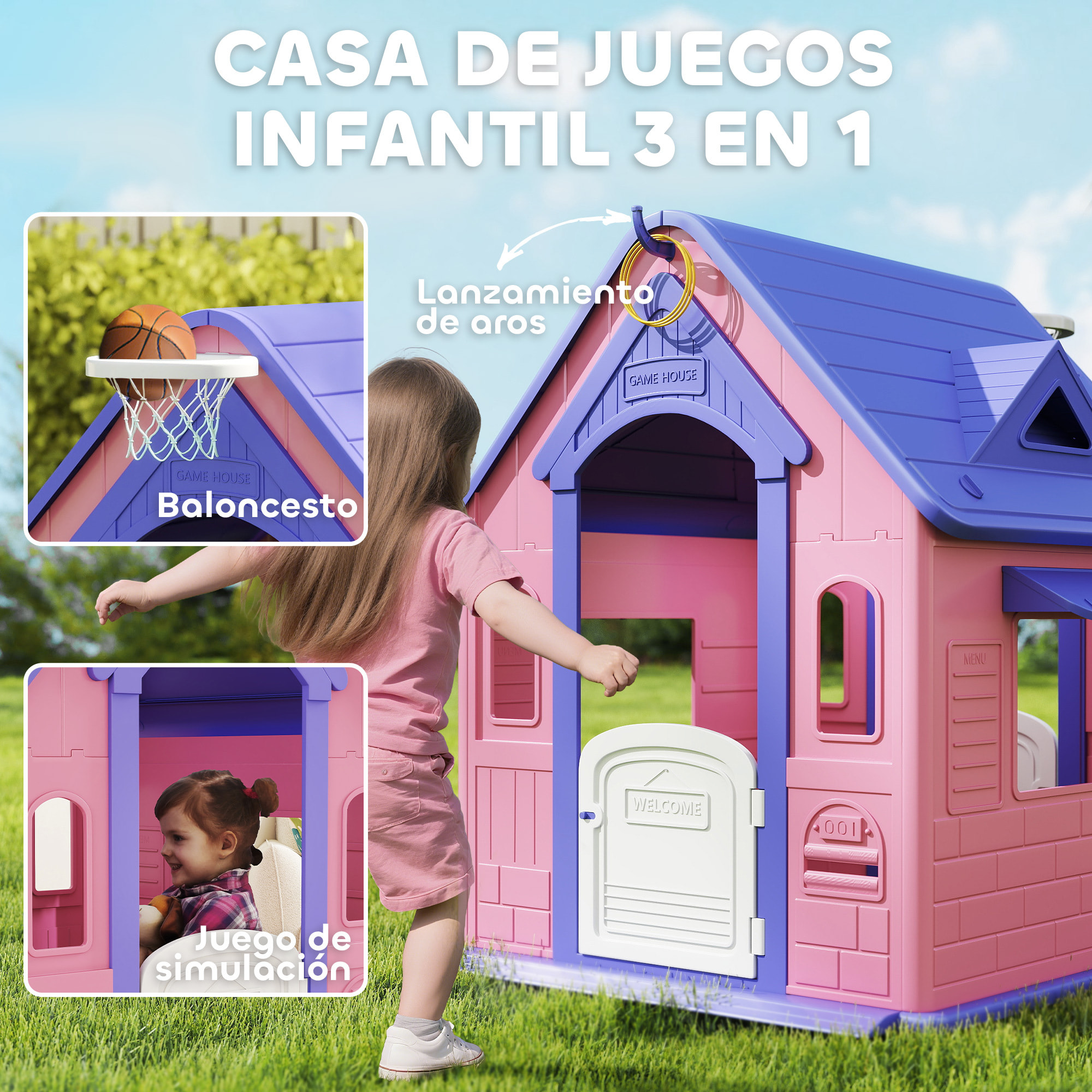 Casita Infantil Exterior e Interior 3 en 1, Casita Infantil de Jardín con Lanzamiento de Aros, Baloncesto, Casa de Juegos para Niños de 2-5 Años, Rosa y Morado
