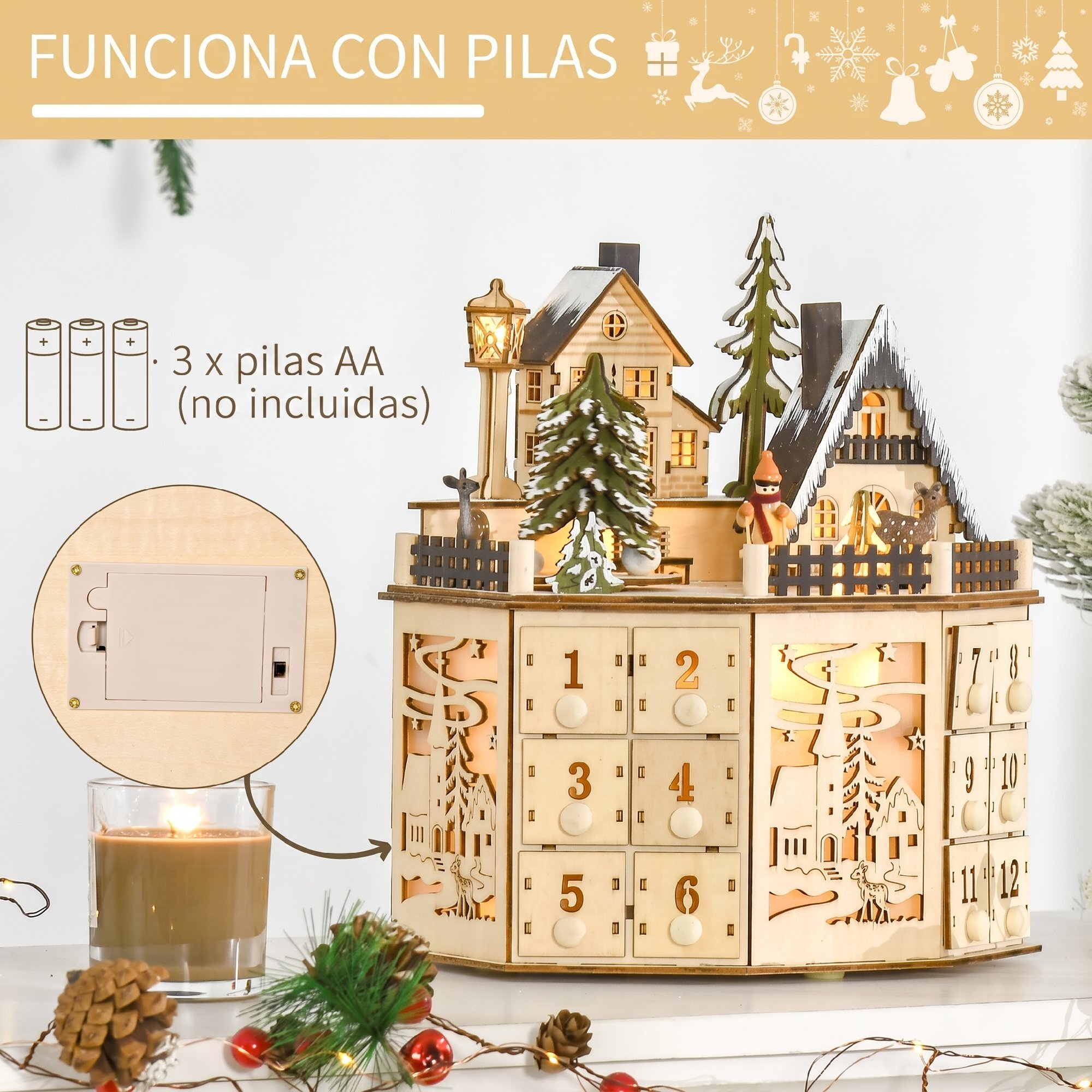 HOMCOM Calendario de Adviento para Rellenar de Madera, con Luces LED y 24 Cajones, Calendario de Adviento de Navidad Reutilizable con Escena de Pueblo, Decoración Navideña, 25x20x29 cm, Natural