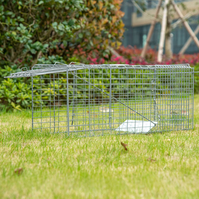 Trampa para Animales Vivos Plegable 81x26x34,5 cm Jaula de Captura de Alambre con Puerta y Asa para Conejos Gatos Ratas Roedores Plata