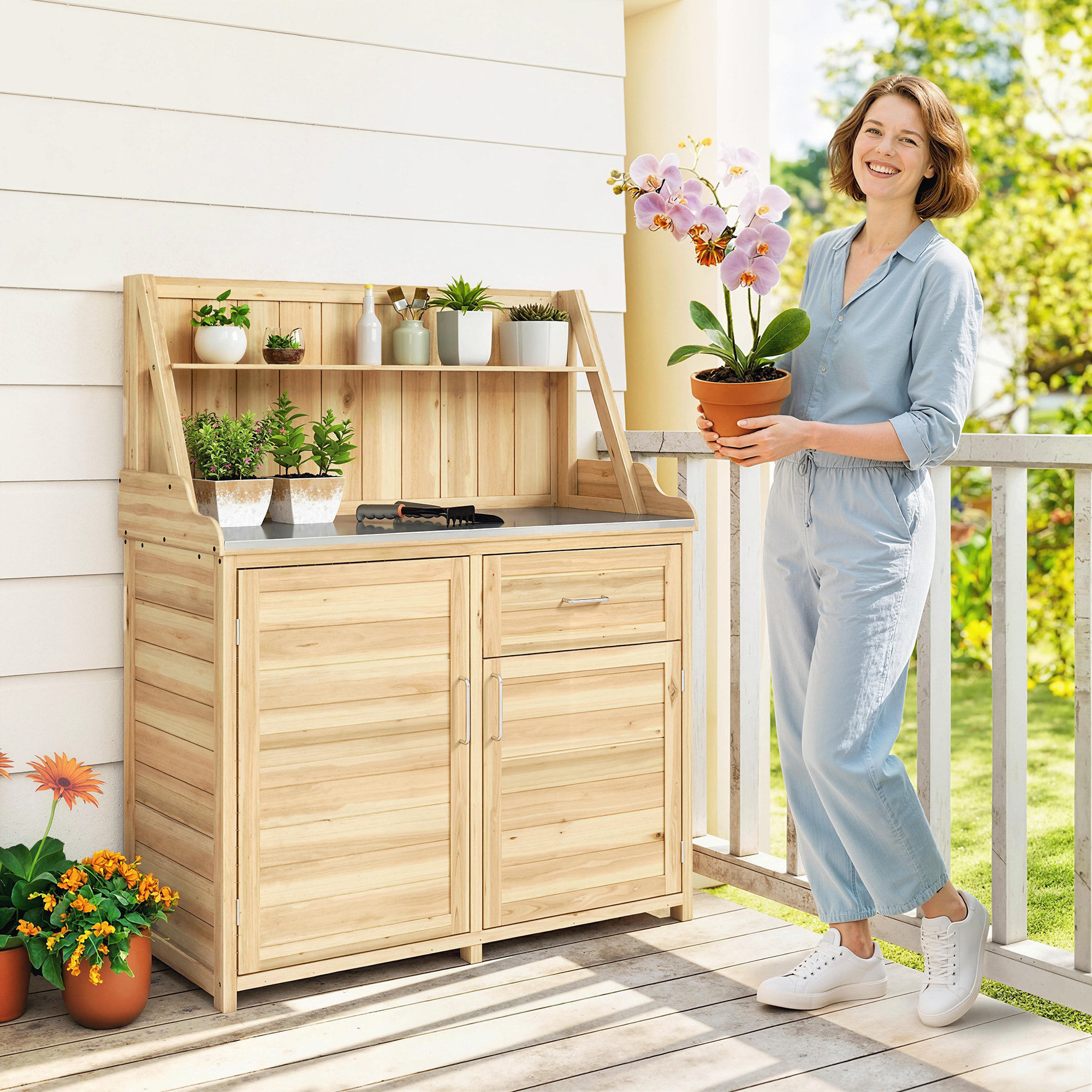 Armoire de jardin table de rempotage 2 en 1 - 2 portes, étagères, plateau acier