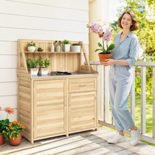 Armoire de jardin table de rempotage 2 en 1 - 2 portes, étagères, plateau acier