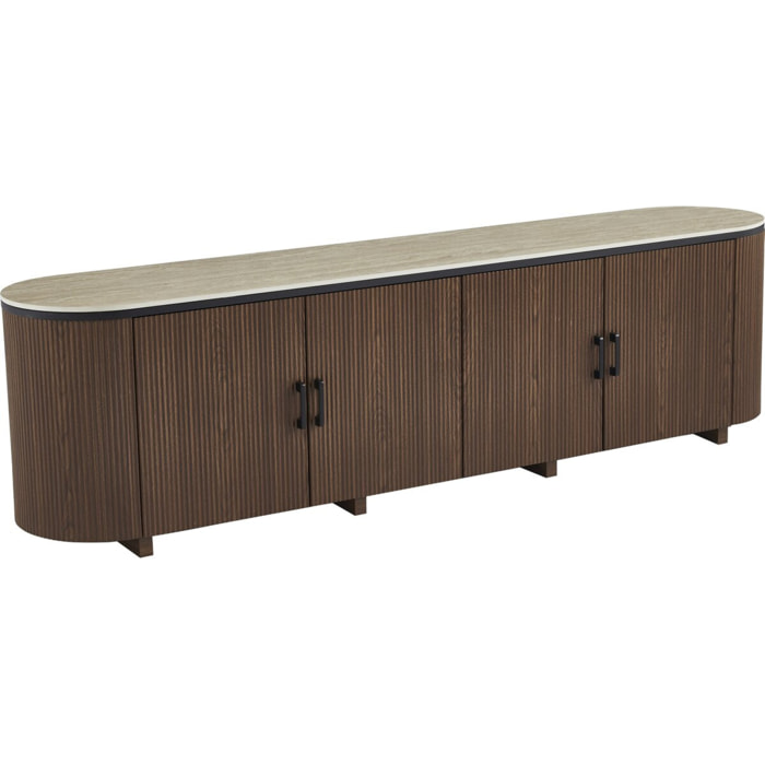 Meuble tv ovale en bois et céramique "Portofino" - 200 x 40 x 55 cm - Marron