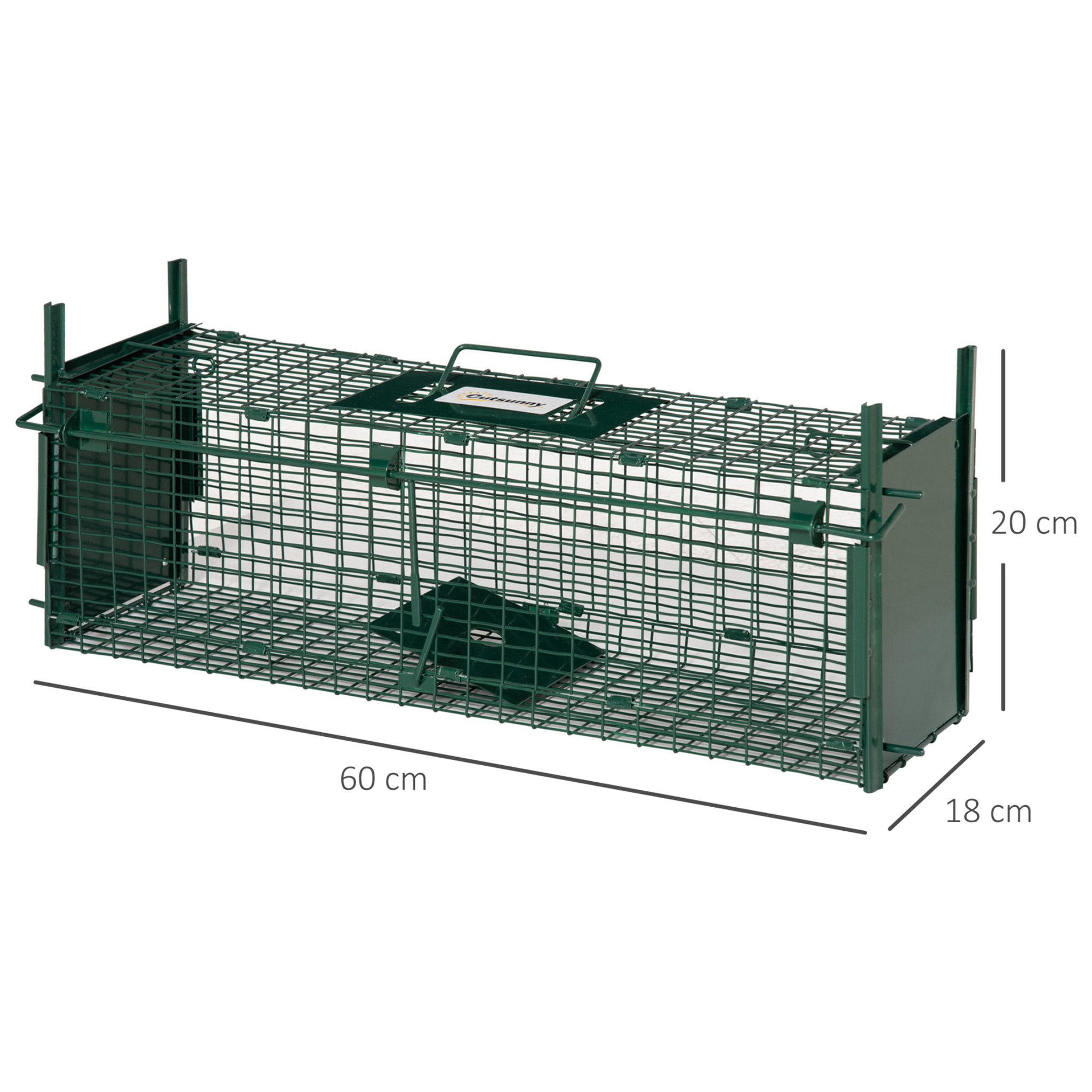 Piège de capture pour petits animaux type lapin rat - 2 entrées + poignée - dim. 60L x 18l x 20H cm - métal vert