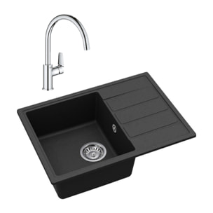 62x44 cm évier avec égouttoir réversible en Granite, à encastrer, noir + mitigeur lavabo/cuisine Grohe StartEdge (SATSE2BG313)
