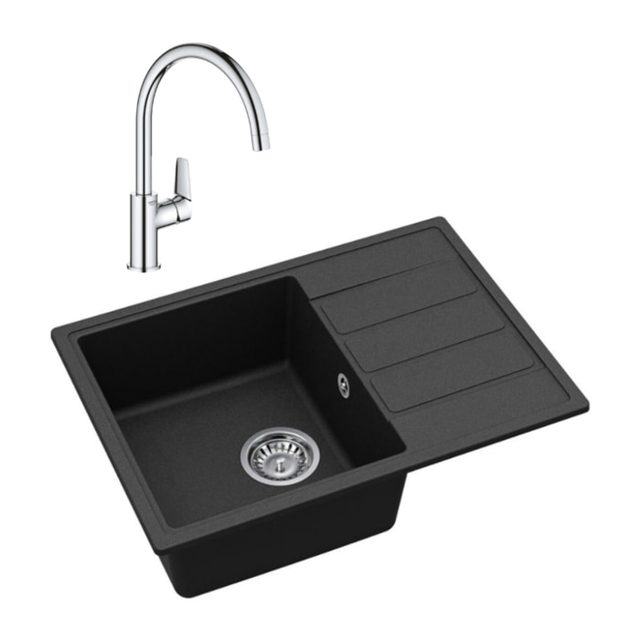 62x44 cm évier avec égouttoir réversible en Granite, à encastrer, noir + mitigeur lavabo/cuisine Grohe StartEdge (SATSE2BG313)