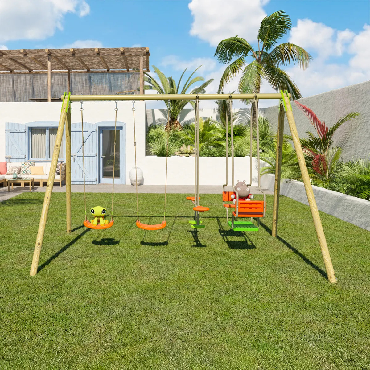 Portique bois poutre métal 2,30 m Techwood SENORA - 6 enfants