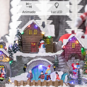 HOMCOM Pueblo Navideño Escena Navideña Iluminado con Luces LED Árbol Giratorio y Pista de Patinaje Decoración Navideña sobre Mesa 32x25,5x24 cm Multicolor