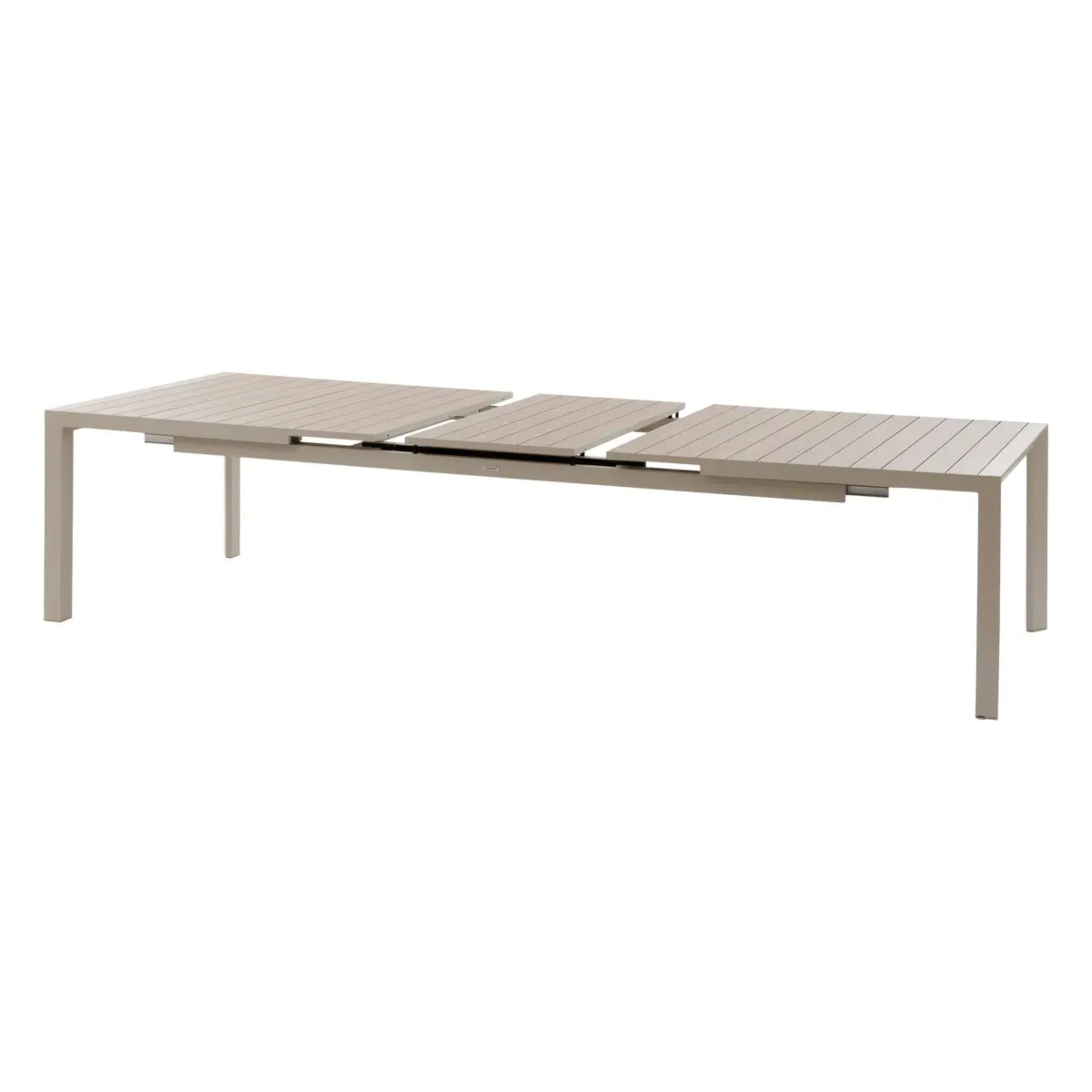 Table de jardin extensible "Évasion" effet bois lin & argile 14 places lates en aluminium