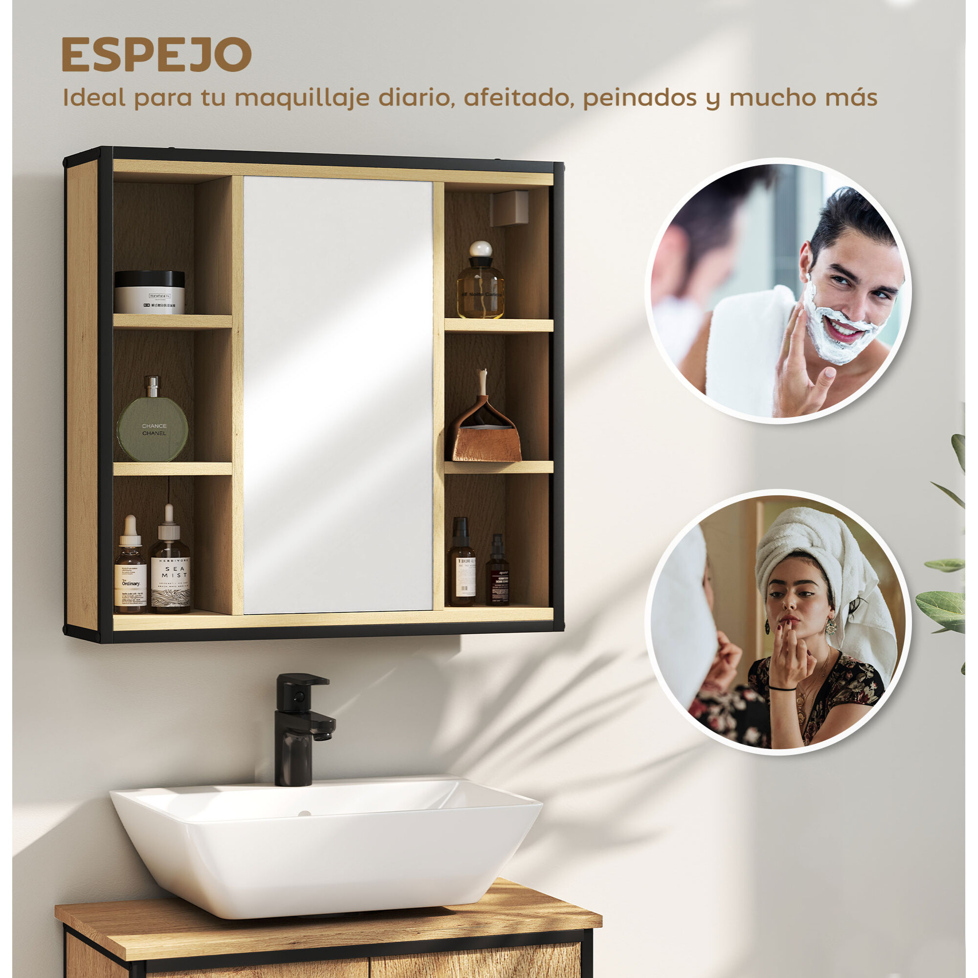 Armario de Baño con Espejo Armario de Pared Mueble de Baño con Estante Ajustable y 6 Compartimentos Abiertos 60x16x58,5 cm Roble