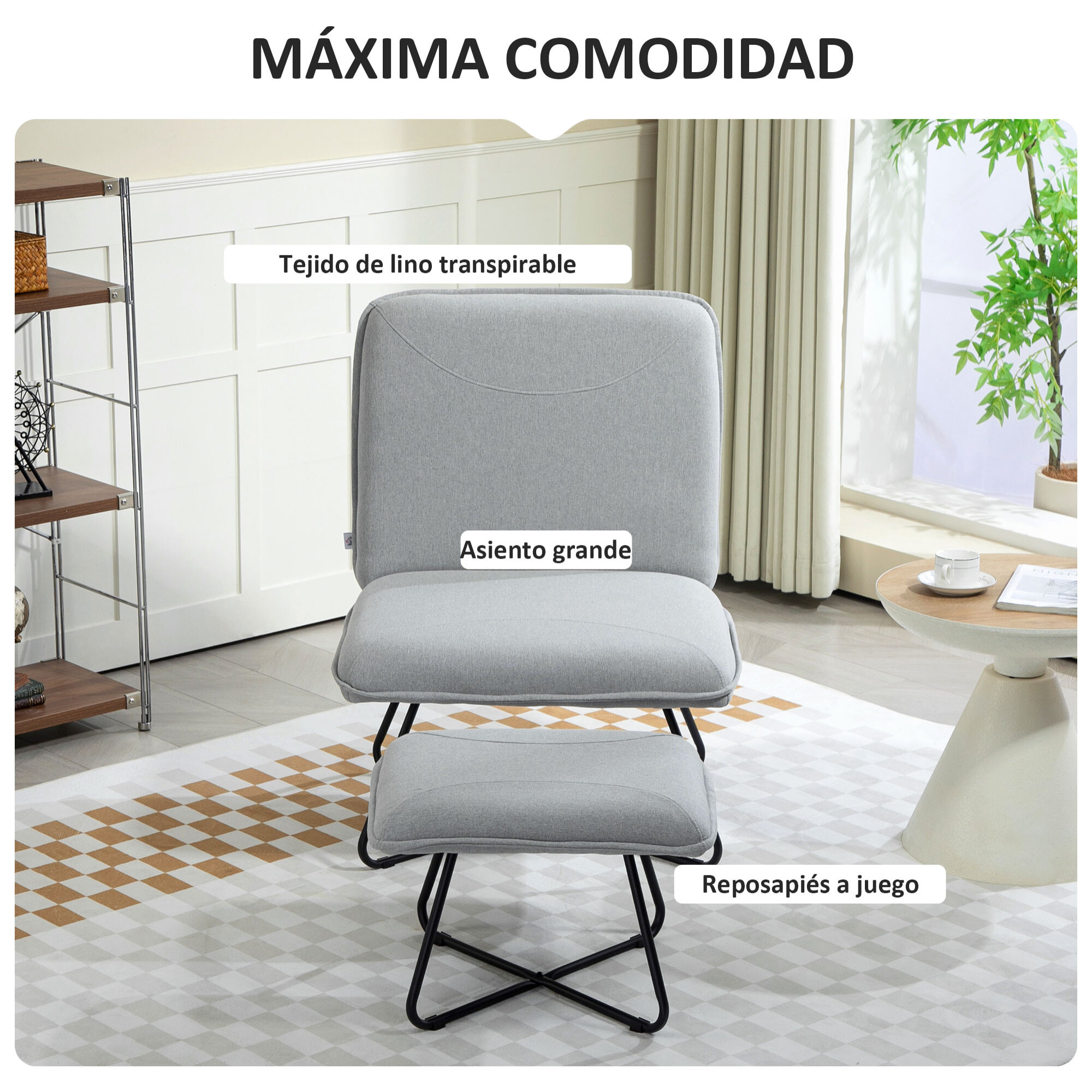 Sillón Relax Sillón de Salón con Reposapiés Butaca para Dormitorio sin Brazos con Patas de Acero en Forma de Cruz para Sala de Estar Gris Claro