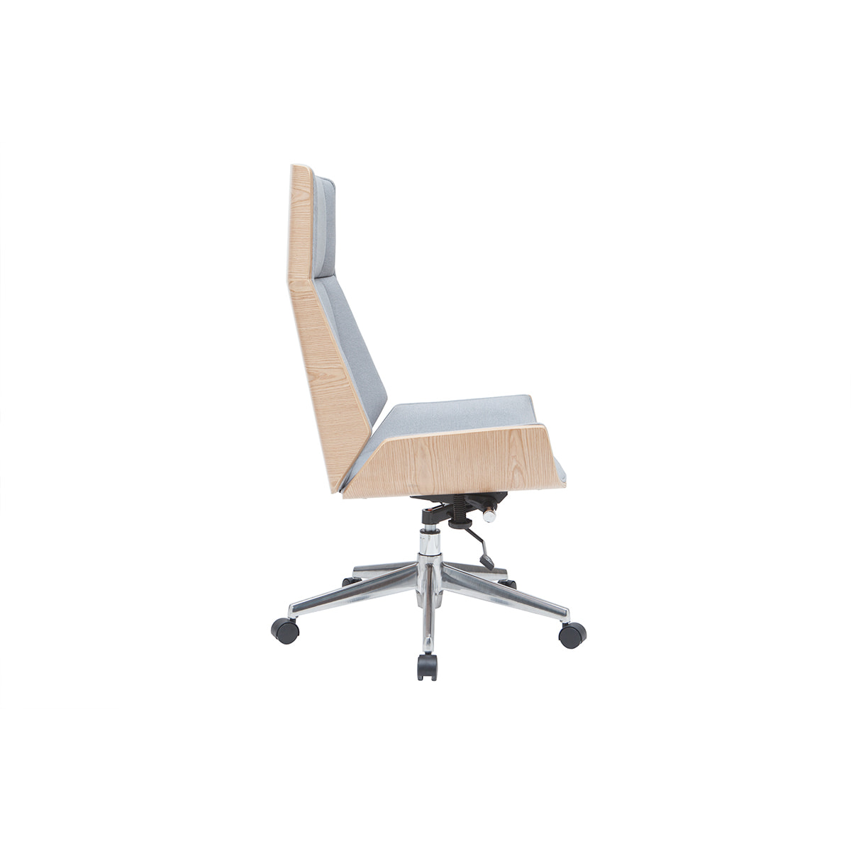 Fauteuil de bureau de direction design en tissu gris clair, bois clair et acier chromé CURVED