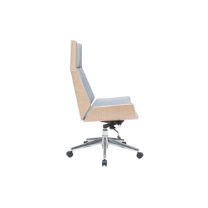 Fauteuil de bureau de direction design en tissu gris clair, bois clair et acier chromé CURVED