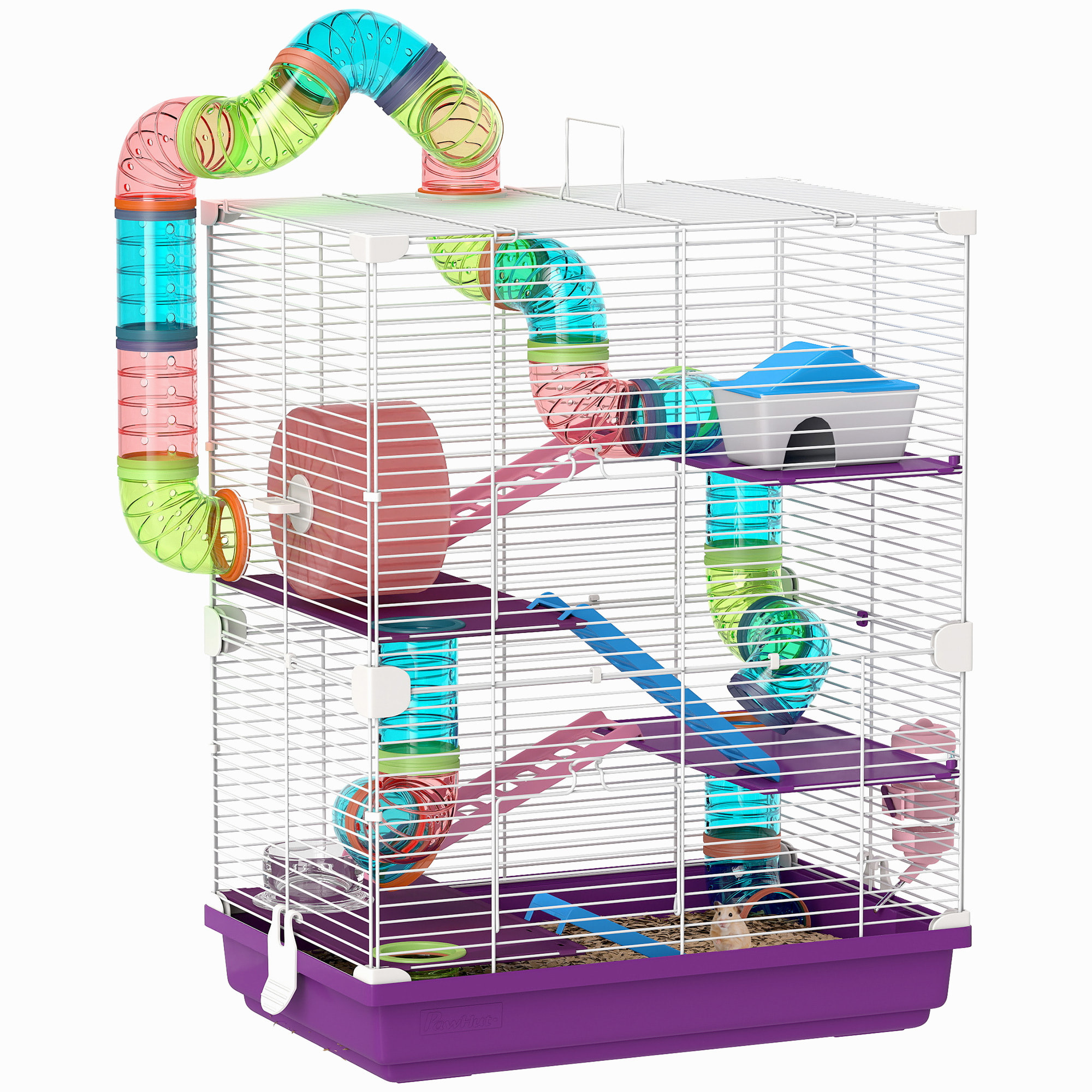 Cage pour hamster souris rongeur 4 étages avec tunnels mangeoire roue maison échelles dim. 46L x 30l x 58H cm violet